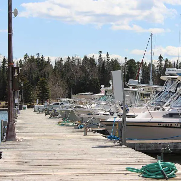 line of pleasure boats at knife river marina on lake superior in minnesota