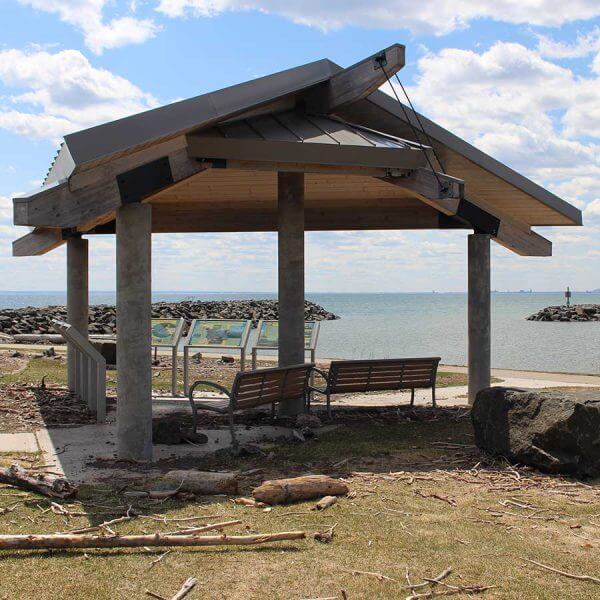 shaded pavilion, paved path at McQuade Small Craft Harbor outside duluth mn