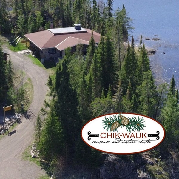 aerial view of stone chik wauk museum on saganaga lake gunflint trail