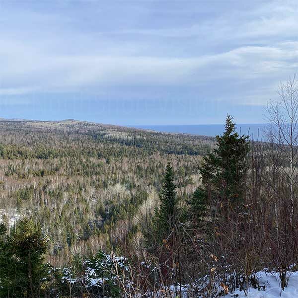 view across valley to lake superior from lookout mountain lutsen mn